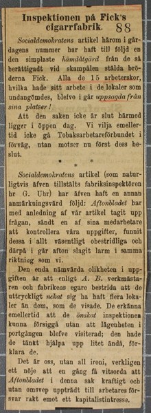 Inspektionen på Fick's cigarrfabrik - pressklipp 1889