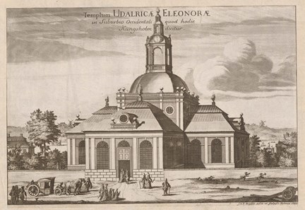 Ulrika Eleonora kyrka i västra förstaden, nu kallad Kungsholmen - gravyren är hämtad från Suecia antiqua et hodierna