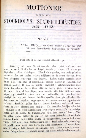 Motion angående ökade anslag till den kostnadsfria bespisningen av skolbarn - Stadsfullmäktige 1912