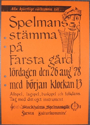 Orange affisch med inbjudan till spelmansstämma på Farsta gård