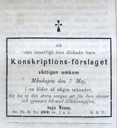 Dödsruna över konskriptionsförslaget. Satirisk notis i Söndags-Nisse – Illustreradt Veckoblad för Skämt, Humor och Satir, nr 19, den 13 maj 1866