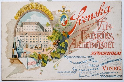 Reklamkort i flera färger bild på fabrik, medaljer och dekorationer samt text.
