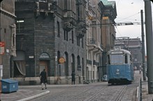 Spårvagn linje 5 på Strömgatan vid Drottninggatan 1962