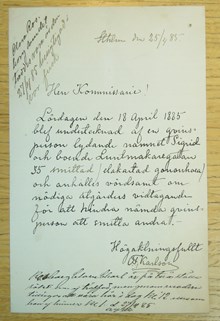 Sexköpare Karlson anmäler kvinna han tror sig ha blivit smittad av till Sedlighetspolisen. Brev den 25 april 1885