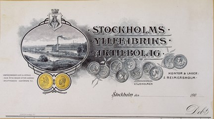 Fakturahuvud tryckt i svart och guld med bild på fabrik och medaljer samt text.