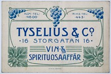 Reklamtryck. Tyselius & Co. Vin- & spirituosaaffär.
