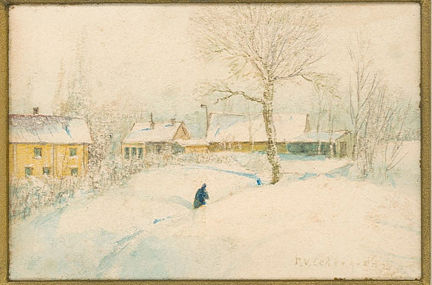 Flera gula hus i vinterlandskap. En människa går genom den djupa snön vid Klockberget på Drottningholm 1888. 