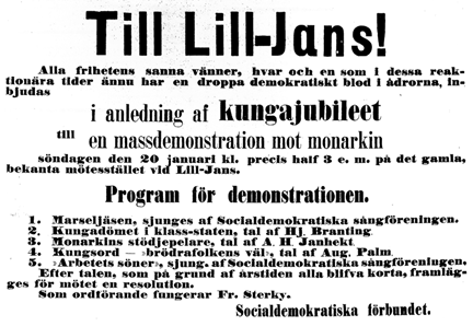 Annons i tidningen Social-Demokraten 19 januari 1889 om demonstration mot monarkin dagen efter.