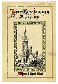 Johannes kyrkas invigning - menybladets framsida med teckning av kyrkan.