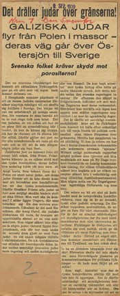Artikeln "Det dräller judar över gränserna", ur tidningen Den Svenske den 9 september 1939.