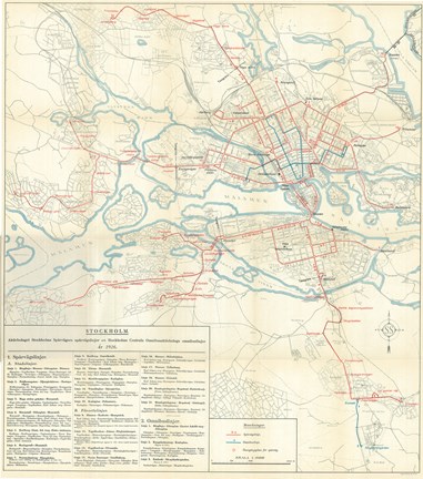 Stockholmskarta 1926 med spårvägsbolagets linjenät