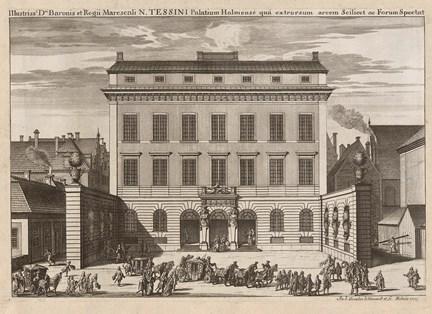 Tessins palats i Stockholm sett från slottet och torget - gravyren är hämtad från Suecia antiqua et hodierna