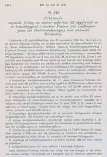 Stadskollegiets utlåtande om Anna Johansson-Visborgs stiftelses bostadshus i Kristineberg 1947