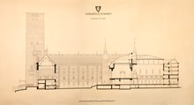 Ritning "Stockholms stadshus. Längdsektion mot söder." (uppmätningsritning 1923)