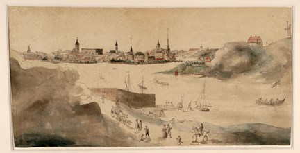 Vy från Sabbatsbergshöjden över Klara sjö mot Gamla stan och Kungsholmen.