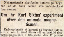 Om hr Karl Sixtus experiment öfver den animala magnetismen - insändare 1885