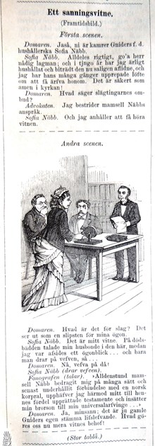 Ett sanningsvitne. (Framtidsbild). Bildskämt i Söndags-Nisse – Illustreradt Veckoblad för Skämt, Humor och Satir, nr 45, den 10 november 1878