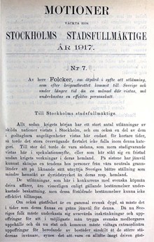 Motion om personbeskattning av utlänningar som kommit till Sverige efter krigsutbrottet - stadsfullmäktige 1917