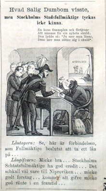 Antisemitiskt bildskämt i Söndags-Nisse – Illustreradt Veckoblad för Skämt, Humor och Satir, nr 37, den 9 september 1866. Hvad Salig Dumbom visste, men vad Stockholms Stadsfullmäktige tyckas icke känna.