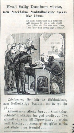 Hvad Salig Dumbom visste, men vad Stockholms Stadsfullmäktige tyckas icke känna. Bildskämt i Söndags-Nisse – Illustreradt Veckoblad för Skämt, Humor och Satir, nr 37, den 9 september 1866