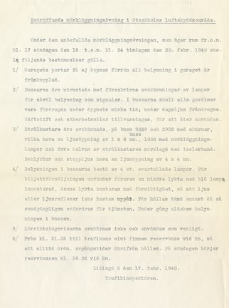 Bestämmelser för Lidingös omnibusstrafik under en mörkläggningsövning 1940