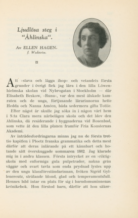 Första sidan av texten, med litet porträtt av Ellen Hagen.