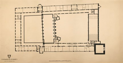 Ritning i stort format av stadshuset, plan av våningen 3 trappor, i tusch på gulnat papper