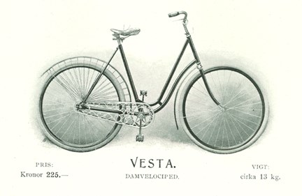 Teckning av Vesta damcykel från Wiklunds velocipedfabriks aktiebolag.