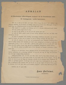 Riksdagskandidaten Louis Guilletmot presenterar sin politik inför valet 1881