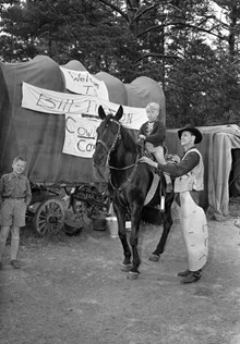 Huddingevägen. En pojke rider på en häst på Cowboy Camp. En ridtur kostar 50 öre. På tältvagnen står det "Welcome to Bill Tuczon Cowboy Camp".