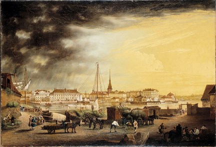 Utsikt mot Rådhuset (Bondeska palatset), Riddarhuset och Riddarholmen på 1700-talet. 