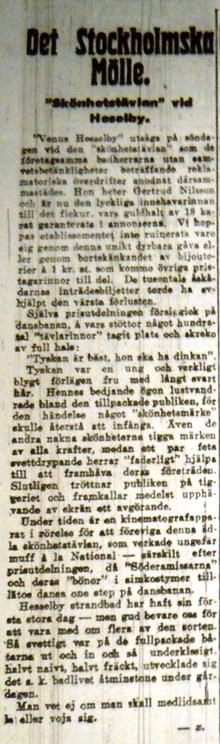 Det Stockholmska Mölle. Skönhetstävlan vid Hesselby - notis i Aftonbladet 1913.