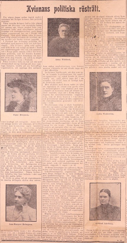 Ledande kvinnor i rösträttskampen – tidningsartikel i Vårt Land 1907