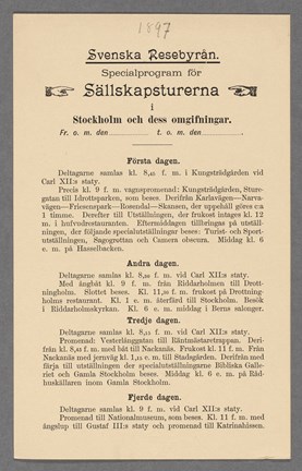 Svenska Resebyråns specialprogram för sällskapsturer, 1897