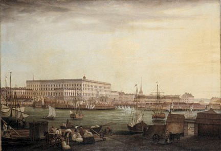 På bilden syns hamnarbete vid Blasieholmen. bakgrunden: Båtar framför Slottet och Helegeandsholmen.