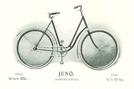 Tecknad bild på Juno damcykel från Wiklunds velocipedfabriks aktiebolag.