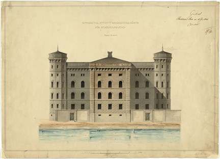 Ritning över norra fasaden till Rannsakningsfängelset ritad 1846.