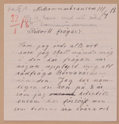 Brev från Hildur Ljungkvist till Barnavårdsnämnden 1918