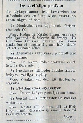 De skriftliga proven. Notis i Söndags-Nisse – Illustreradt Veckoblad för Skämt, Humor och Satir, nr 47, den 24 november 1878