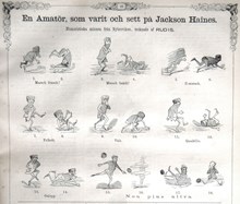 En Amatör som varit och sett på Jackson Haines. Humoristiska minnen från Nybroviken, tecknade av RUDIS. Bildskämt i Söndags-Nisse – Illustreradt Veckoblad för Skämt, Humor och Satir, nr 4, den 27 januari 1867