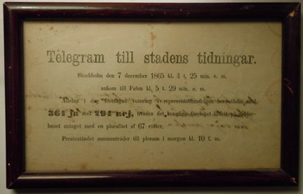 Telegram angående adelns votering i representationsfrågan 1865