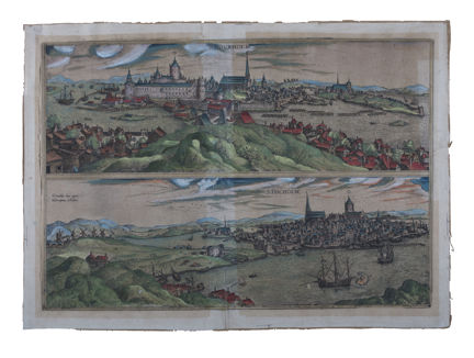 Tavla med kolorerad bild av två utsikter över samma stad. 