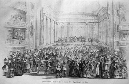 Operamaskeraden i Stockholm den 12 januari 1867. Originalteckning af F. de Glimes.