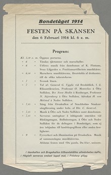 Bondetåget 1914. Festen på Skansen den 6 Februari 1914 kl. 6 e.m. [program]