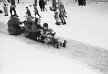 Vuxna och barn åker iskana i park