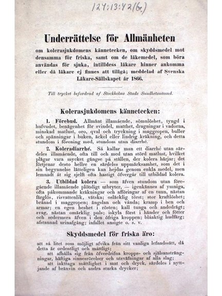 ”Underrättelse för Allmänheten om kolerasjukdomens kännetecken...” 1866 