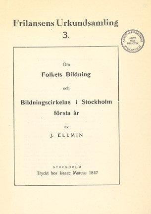 Titelsidan på skriften Om Folkets Bildning och Bildningscirkelns i Stockholm första år