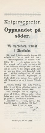 Notis ur Stridsropet om öppnandet av Frälsningarméns lokal på Mosebacke den 1 oktober 1886.
