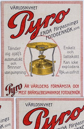 Reklamtryck i rött, svart och gult med bild på fotogenkök samt text.