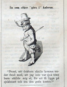 En som söker göra i koleran. Bildskämt i Söndags-Nisse – Illustreradt Veckoblad för Skämt, Humor och Satir, nr 33, den 12 augusti 1866